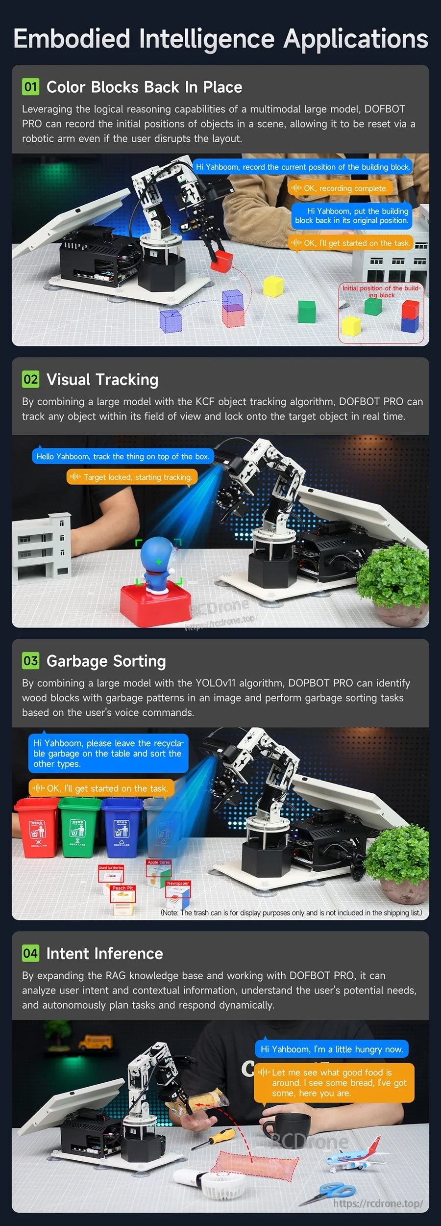Embodied intelligence applications poster with color block tasks, visual tracking, garbage sorting, and intent inference