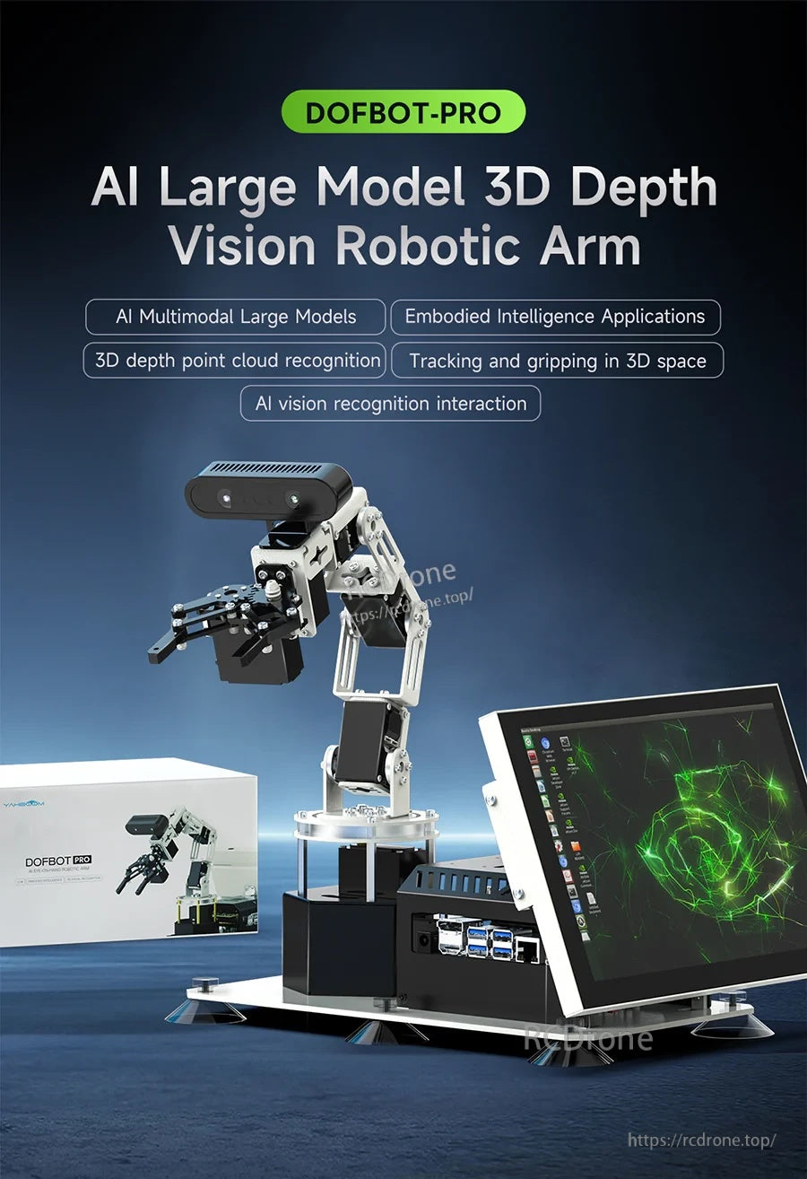 DOFBOT-PRO 3D depth vision robotic arm kit with depth camera and 10.1-inch display on desktop base