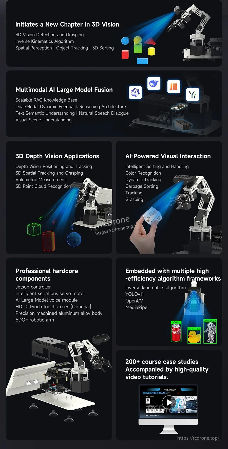 Feature overview poster listing multimodal large-model fusion, 3D depth vision applications, and ROS development stack