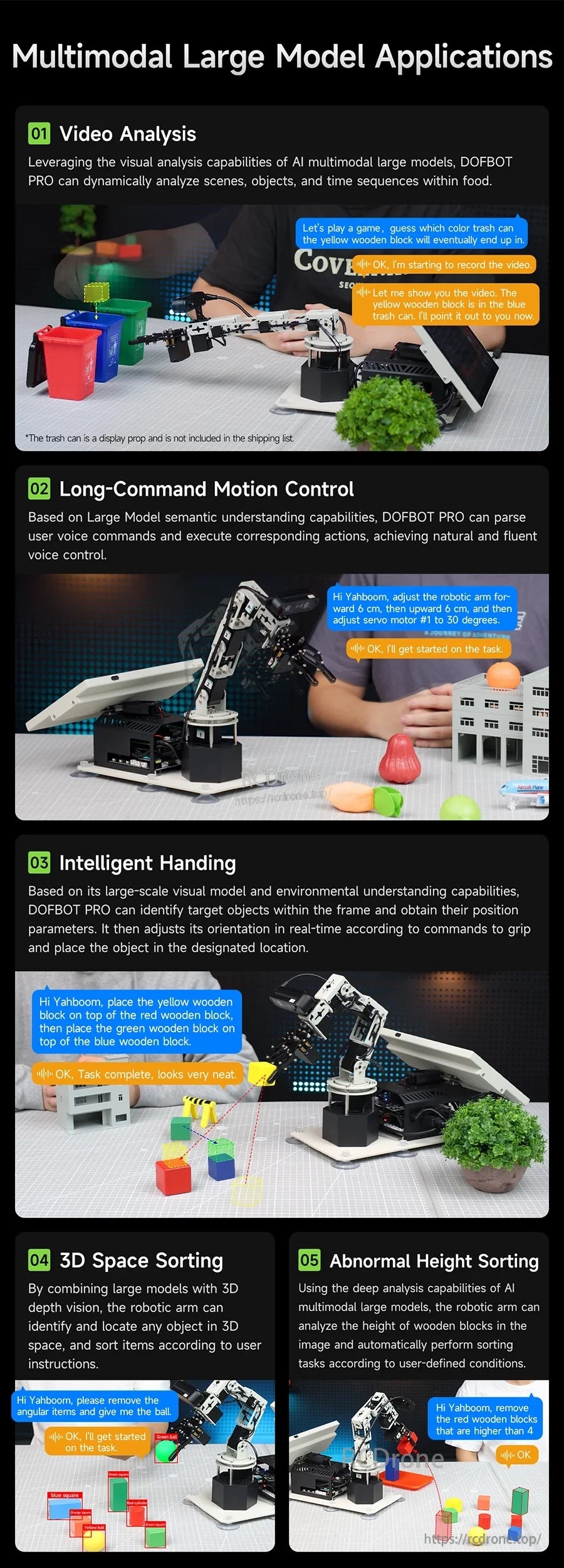 Multimodal large model applications poster: video analysis, command-based motion control, and intelligent handling demos