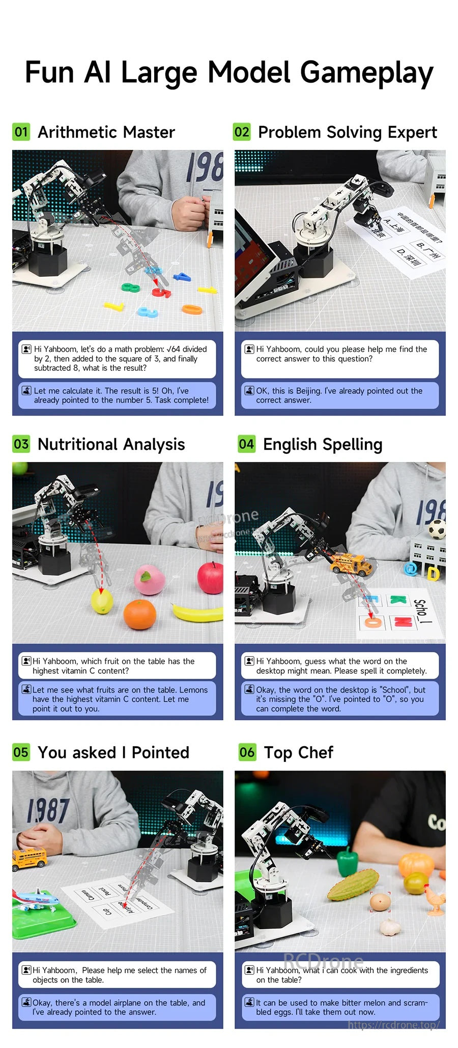 Fun AI large model gameplay poster showing classroom-style tasks like math, problem solving, analysis, and spelling