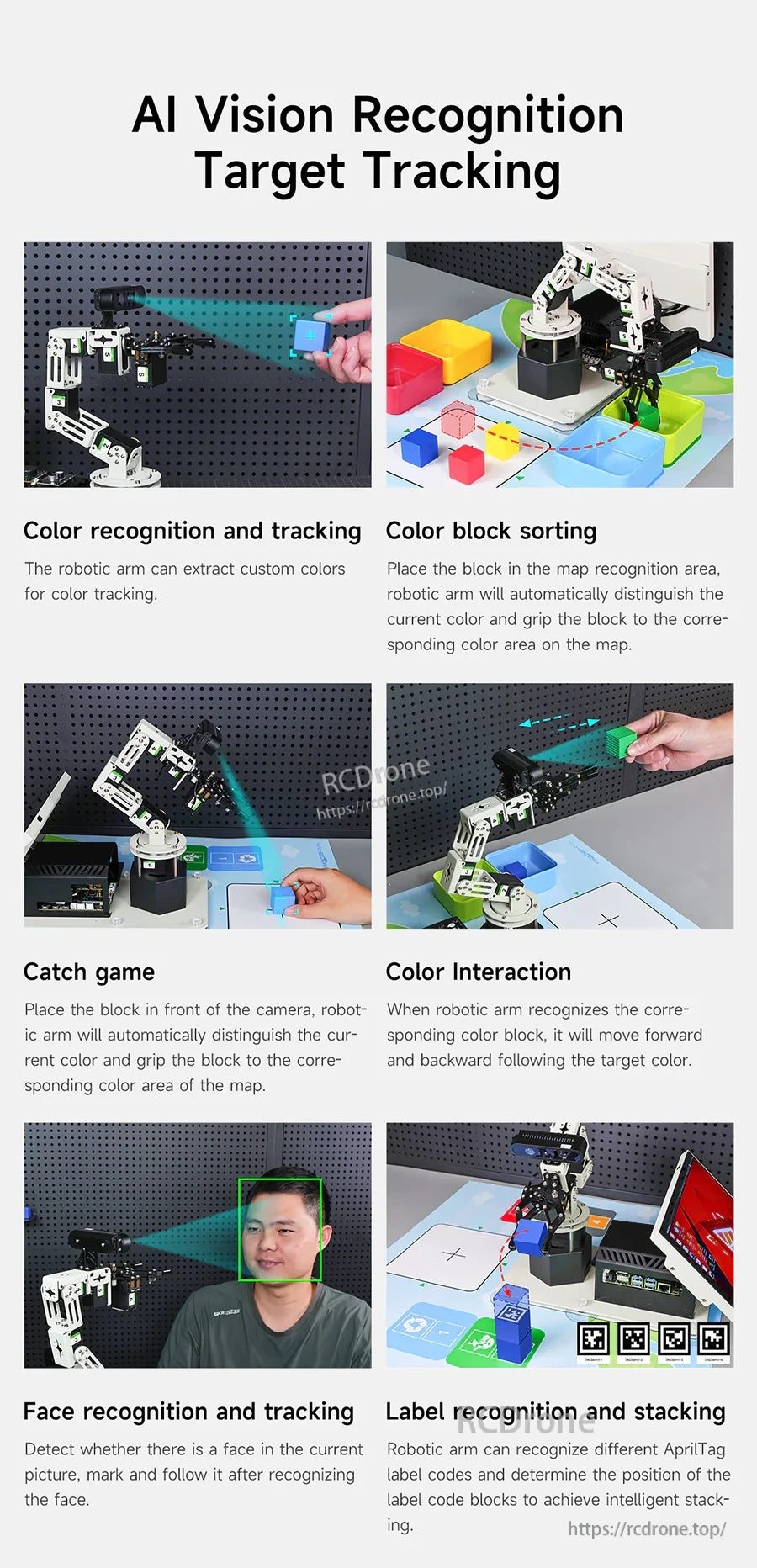 AI vision recognition and target tracking poster with color recognition, sorting, catch game, and label recognition tasks