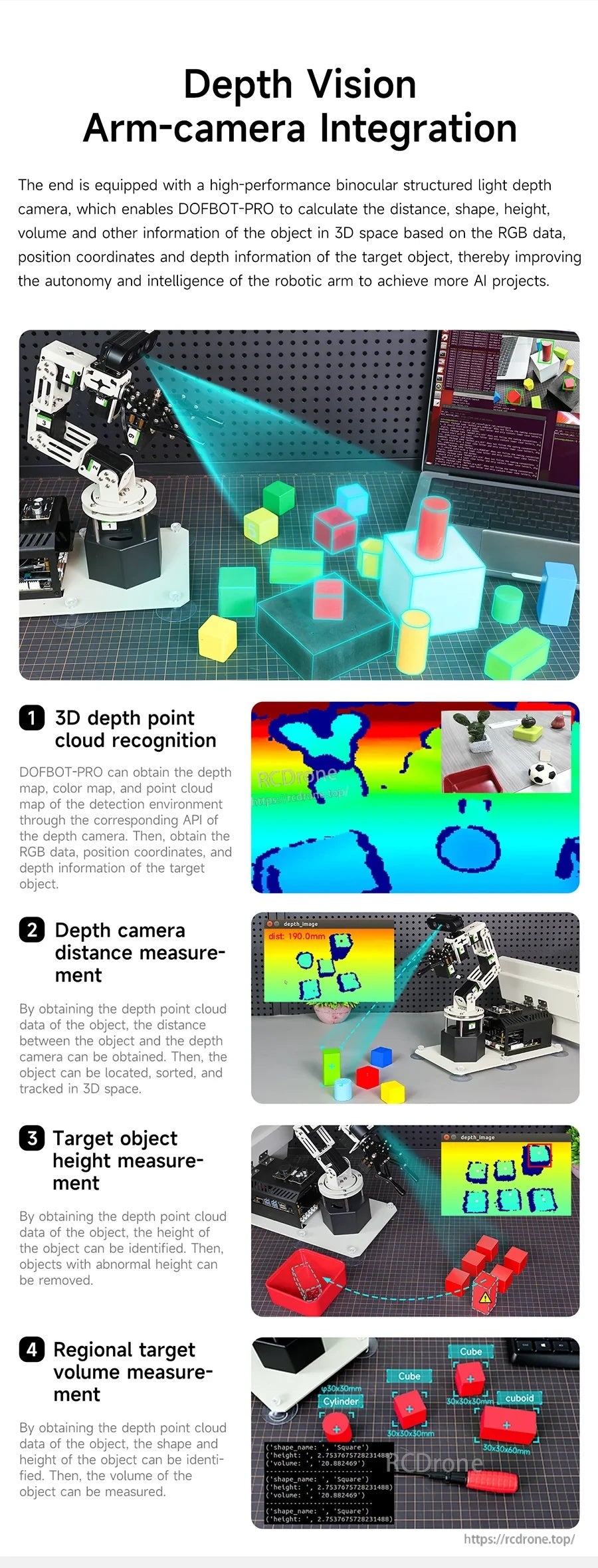 Depth vision arm-camera integration poster demonstrating point cloud recognition and depth-based measurements