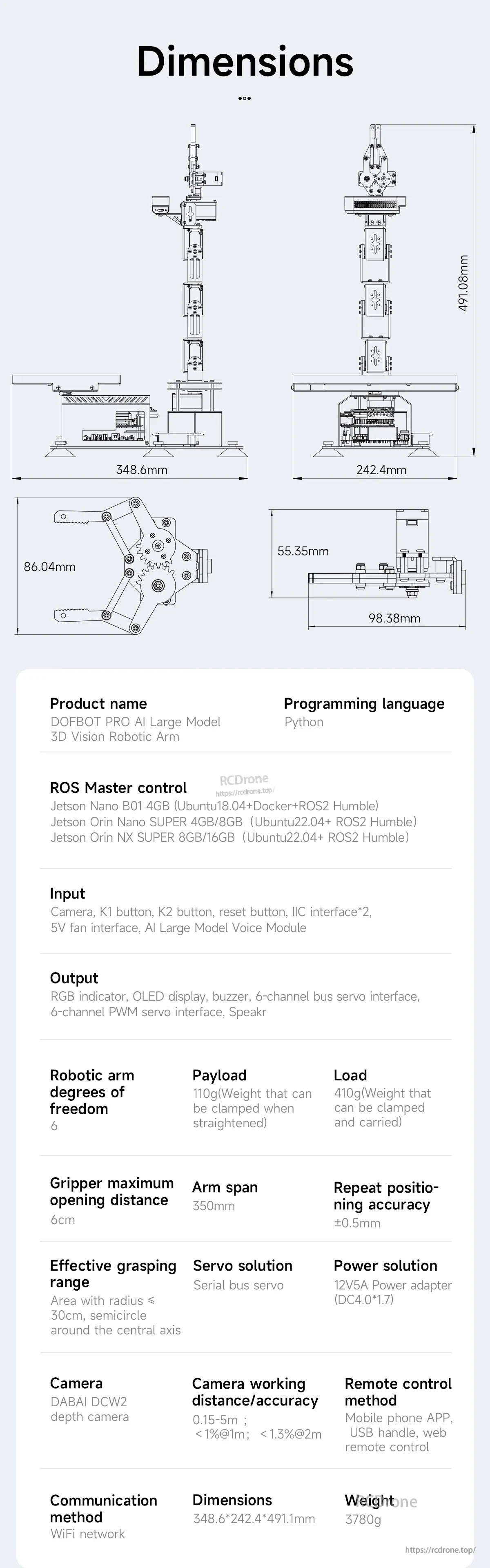 DOFBOT Pro 6-DOF depth vision robotic arm dimensions diagram with key measurements and specs overview