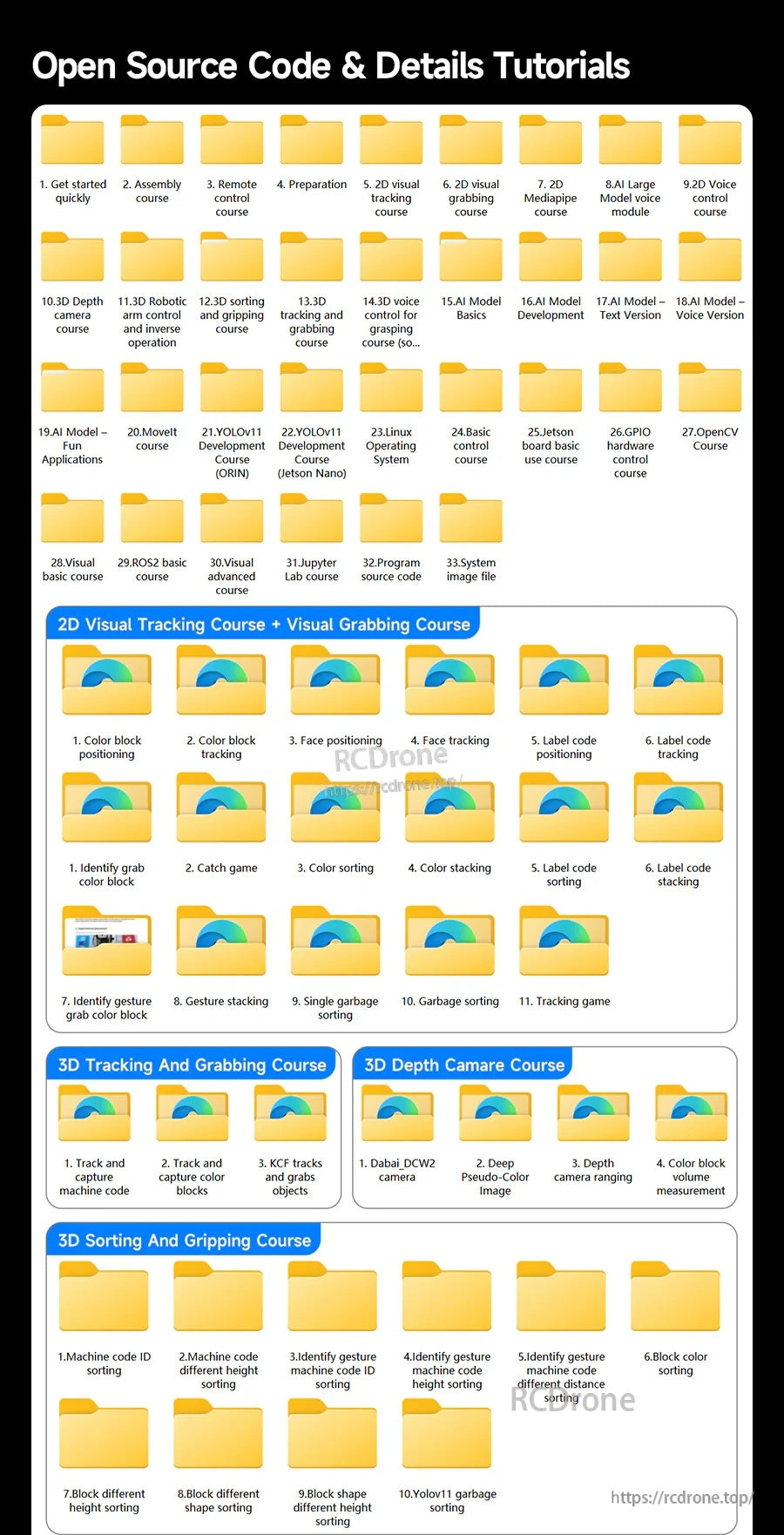 Folder list of DOFBOT Pro robotic arm open-source code and tutorial packages for visual tracking and depth camera courses