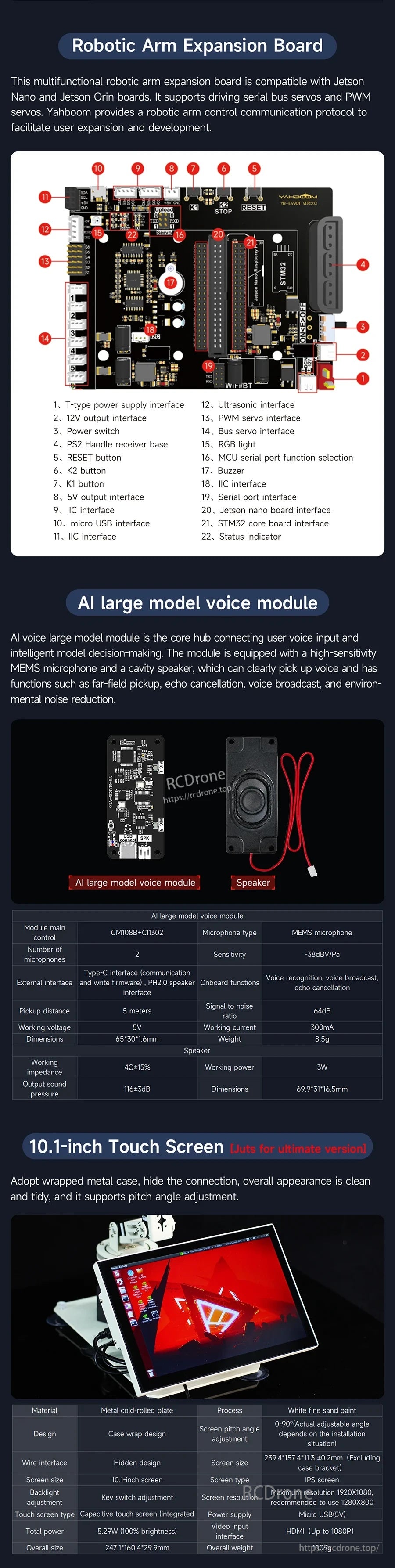 DOFBOT Pro robotic arm expansion board layout with labeled ports, plus voice module and 10.1-inch touchscreen add-ons