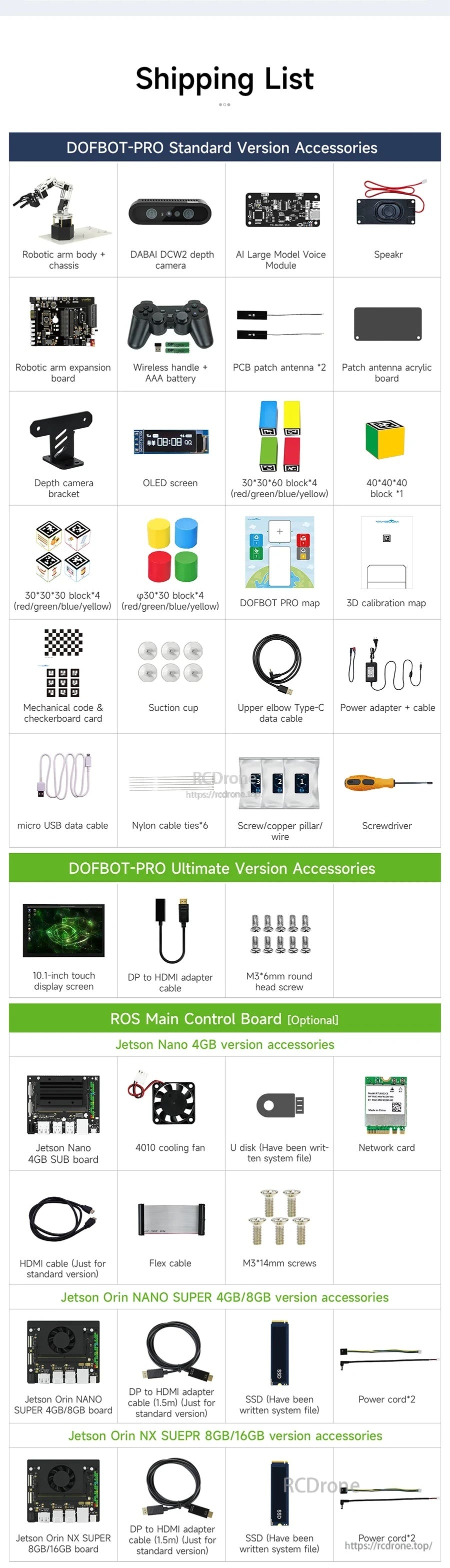 DOFBOT Pro robotic arm kit shipping list with arm, controller board, power adapter, cables, tools and accessories