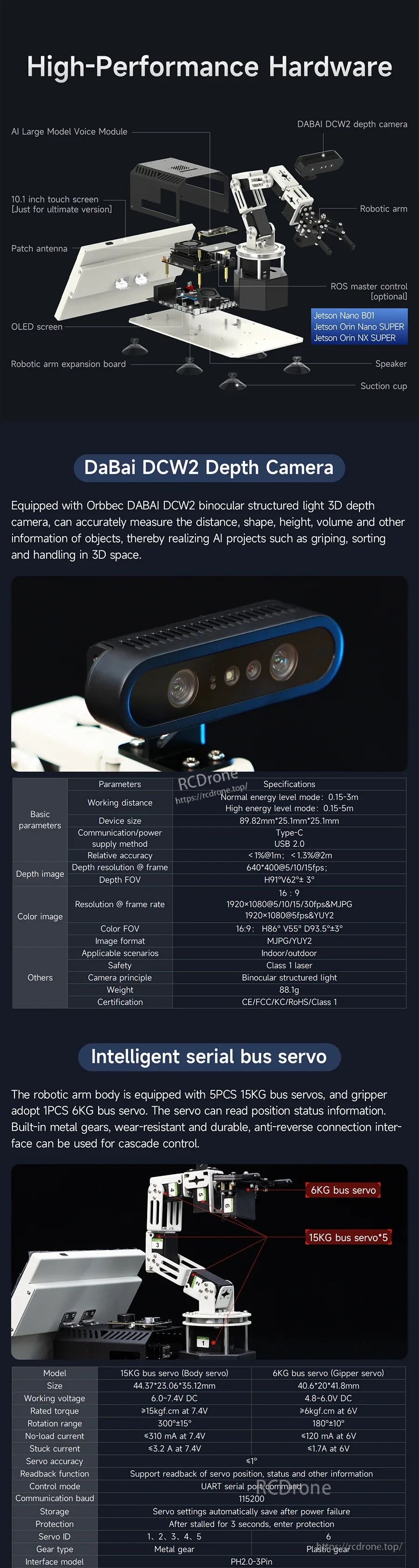 DOFBOT Pro 6-DOF robotic arm with Jetson Nano-class controller, DaBai DCW2 depth camera, and serial bus servos