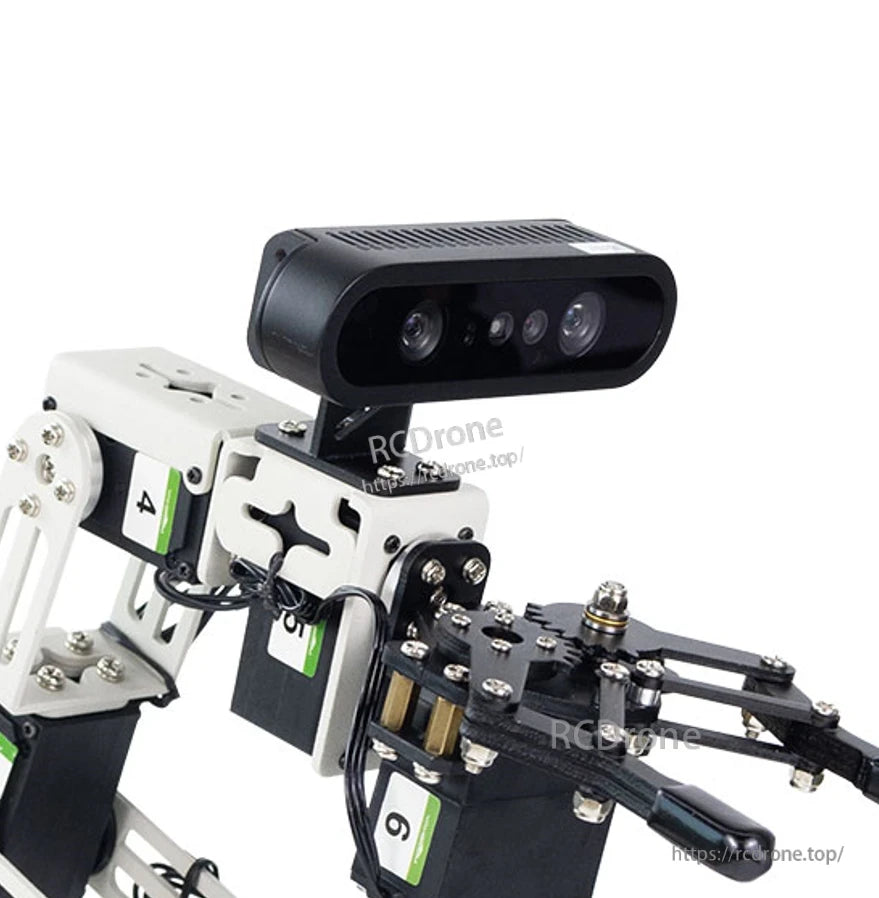 Depth camera module on DOFBOT robot arm showing mounting bracket and connected cable routing