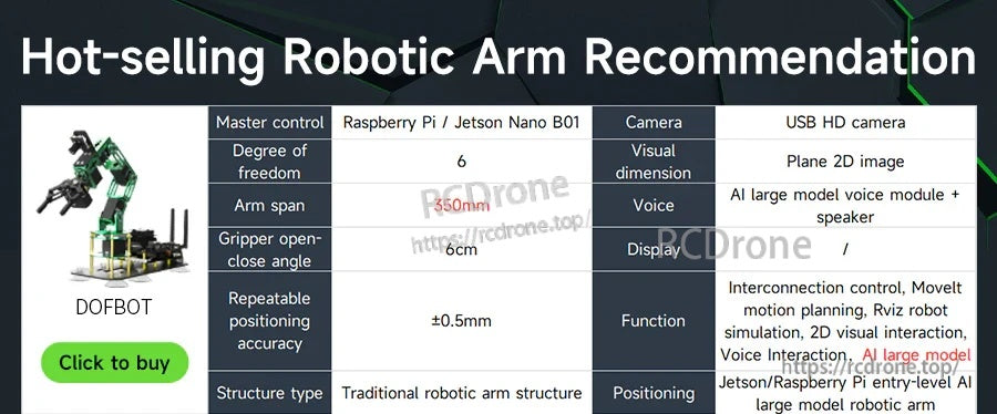 Yahboom DOFBOT SE 6DOF robotic arm (virtual machine version) kit overview and key specs table