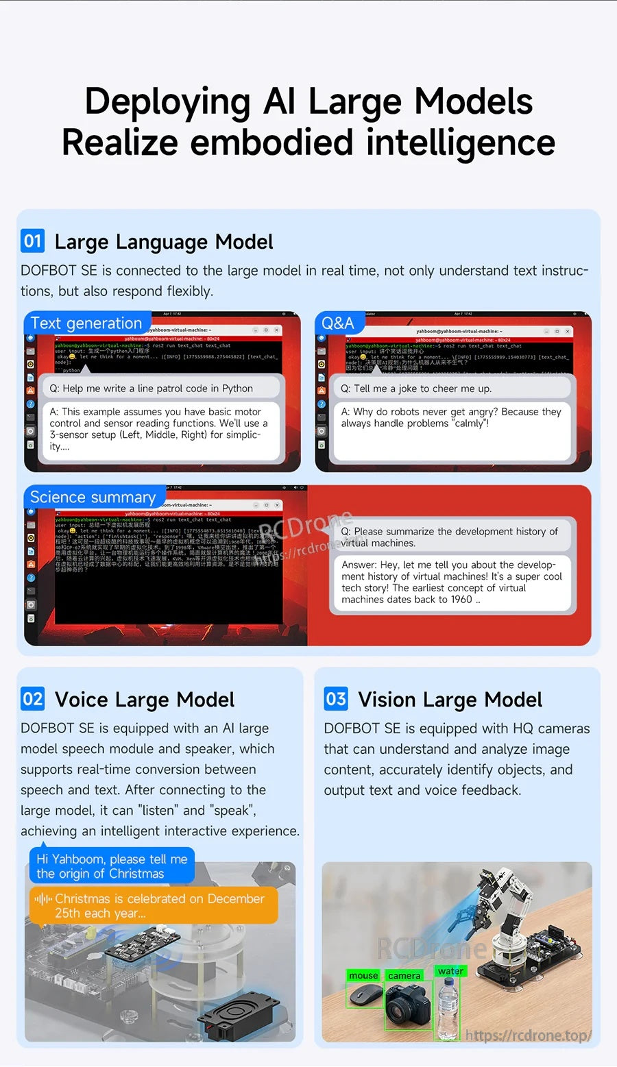 Deploying AI large models page covering language, voice and vision model interaction examples