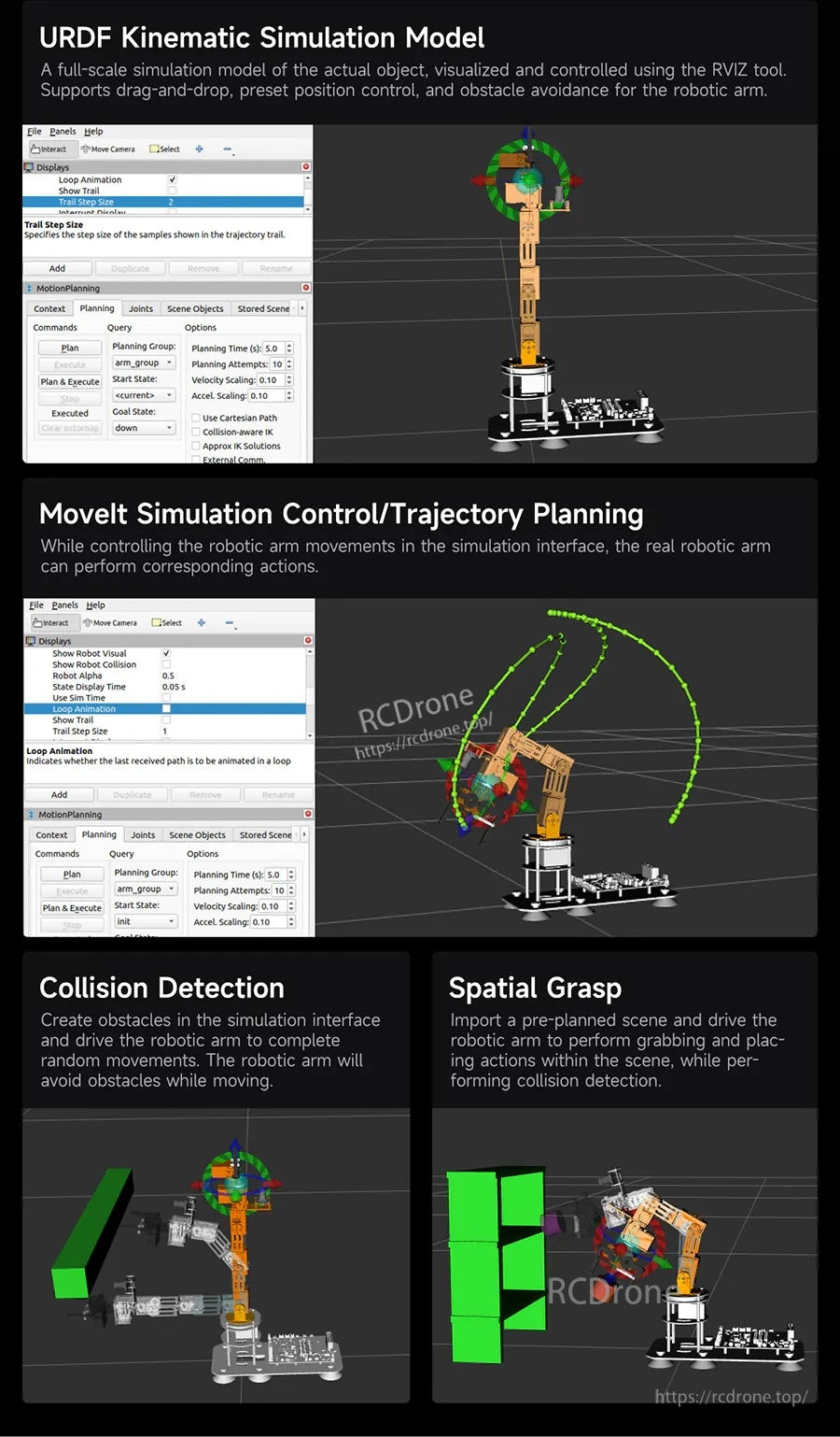 URDF kinematic simulation model in RViz with trajectory planning, collision detection and spatial grasp examples