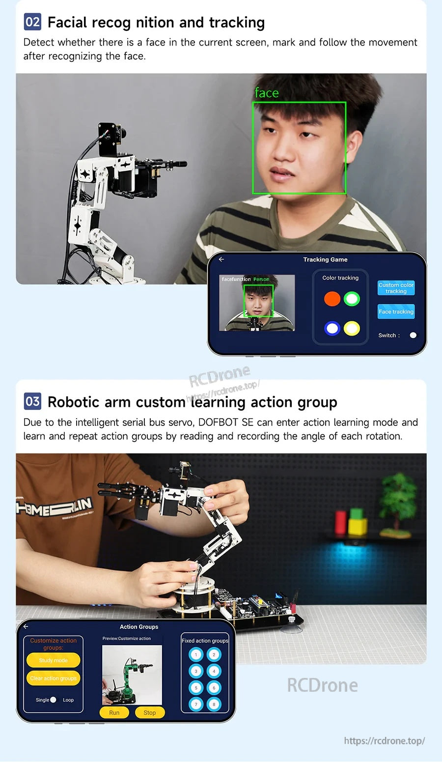 Yahboom DOFBOT SE 6DOF robotic arm demo with face tracking UI and custom action group learning controls