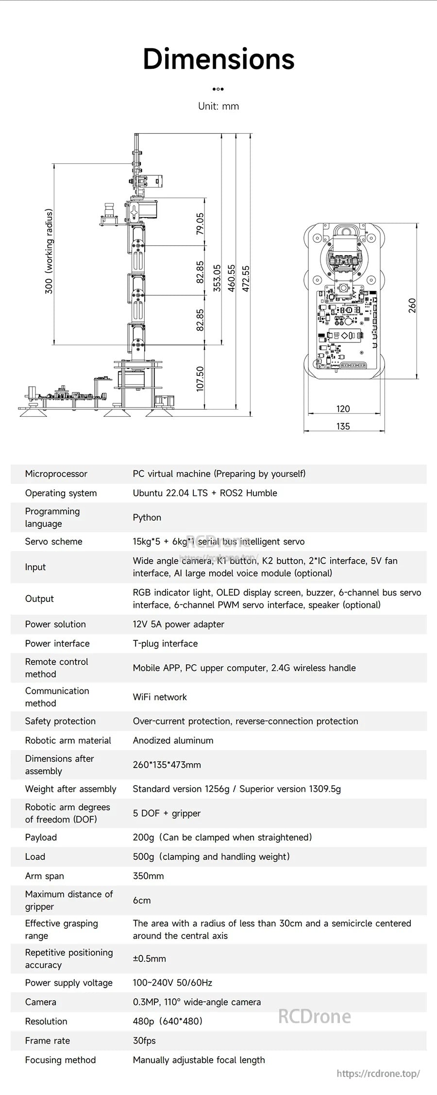 DOFBOT SE 6DOF robotic arm dimensions drawing with millimeter measurements and key specs like Pi, Ubuntu 22.04 and ROS2 Humble.