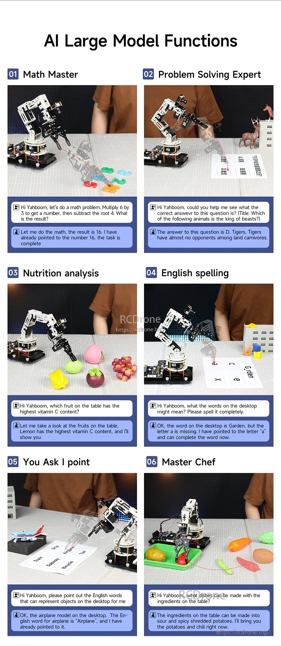 AI large model functions grid: math, problem solving, nutrition analysis, English spelling, Q&A and cooking tasks