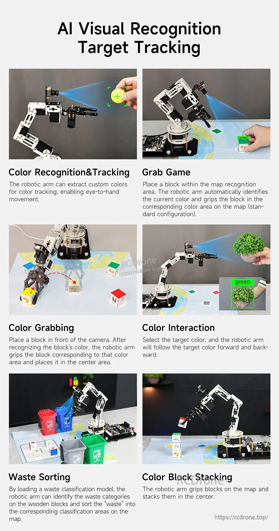 AI visual recognition and target tracking: color tracking, grab game, color grabbing, waste sorting and stacking