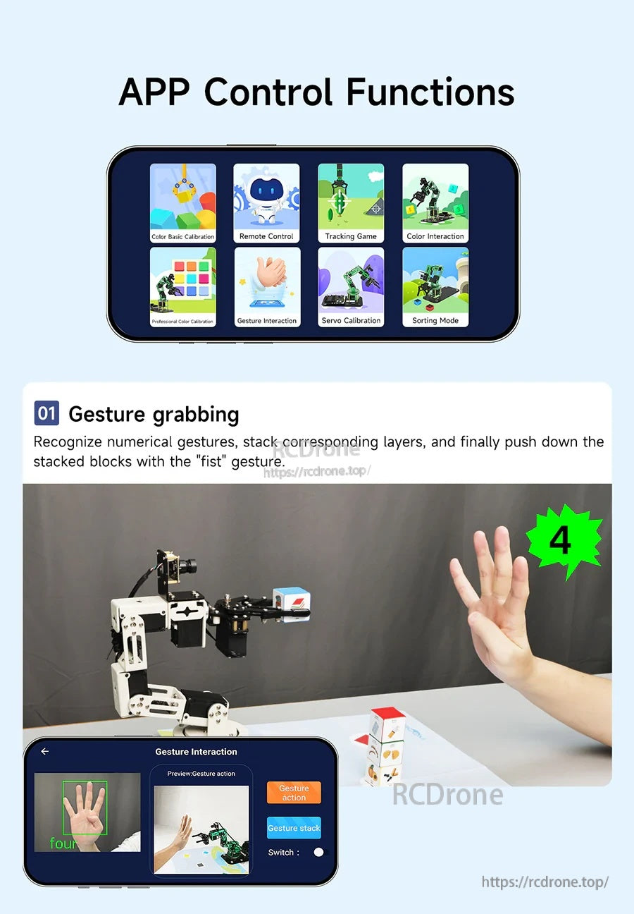 Yahboom DOFBOT SE robotic arm app control screen showing gesture grabbing plus remote, tracking, calibration, and sorting modes