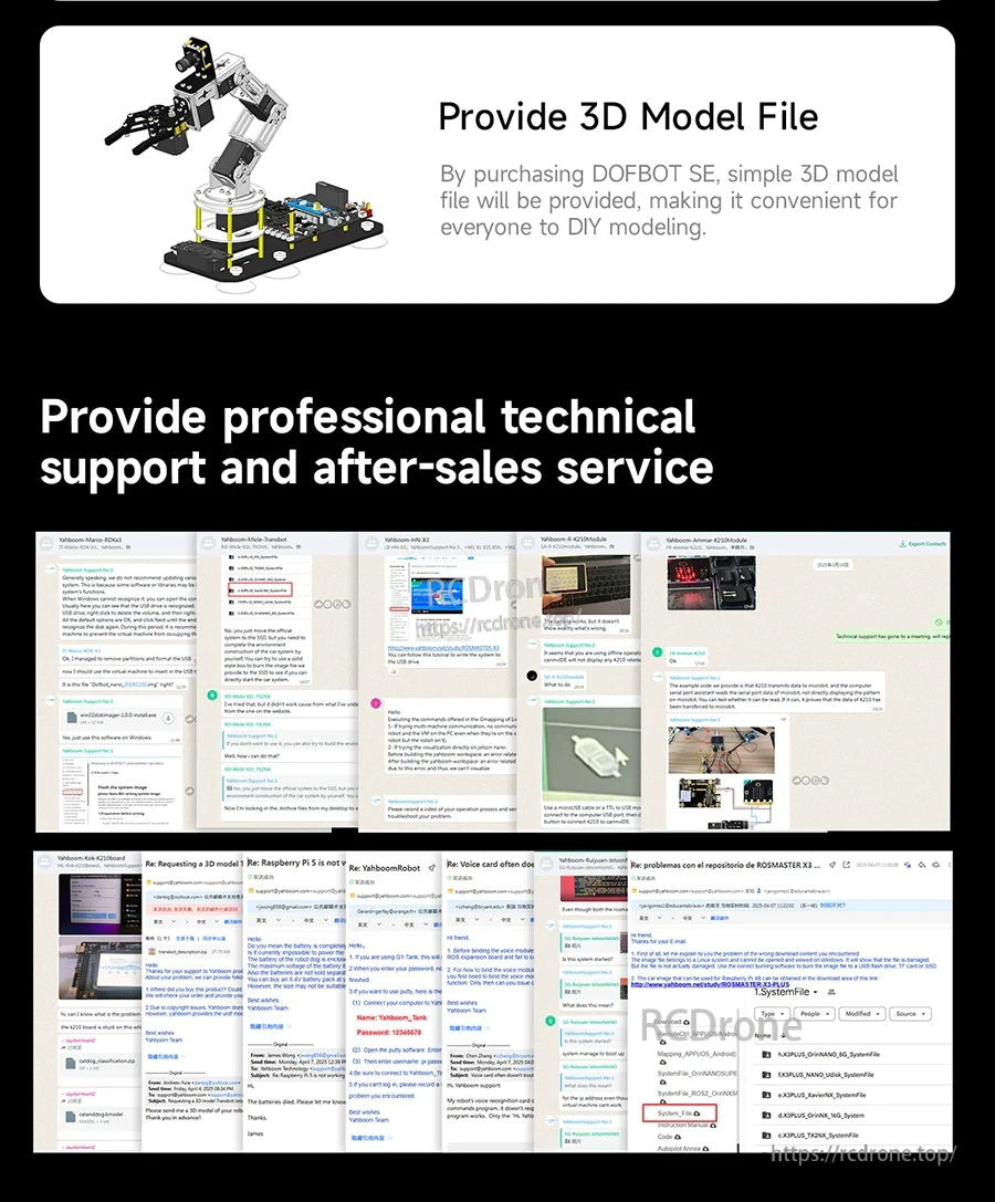 Yahboom DOFBOT SE robotic arm kit graphic offering 3D model file and technical support/after-sales service chat examples