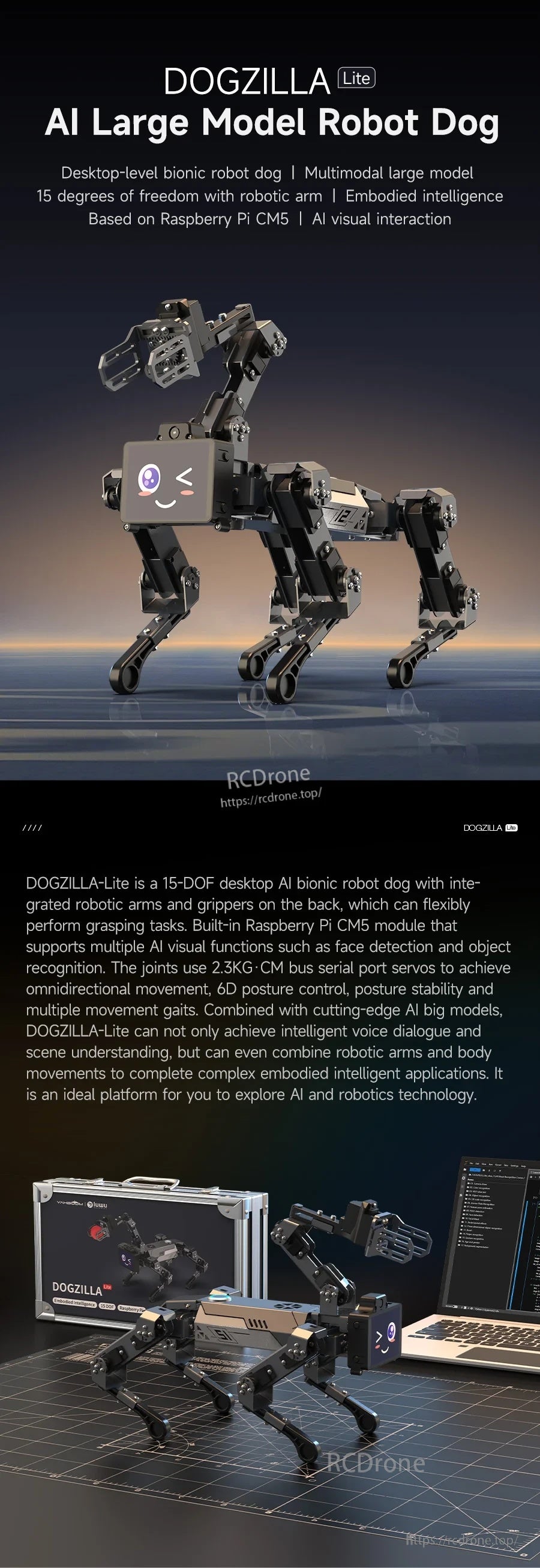 Yahboom DOGZILLA-Lite 15DOF quadruped robot dog with 3DOF robotic arm and IPS expression display