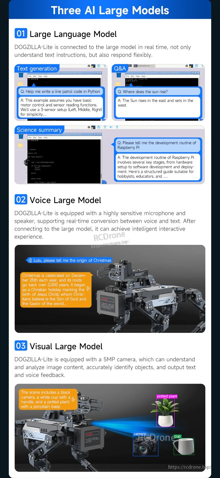 Three AI large models on DOGZILLA-Lite: language model, voice model, and visual model workflows