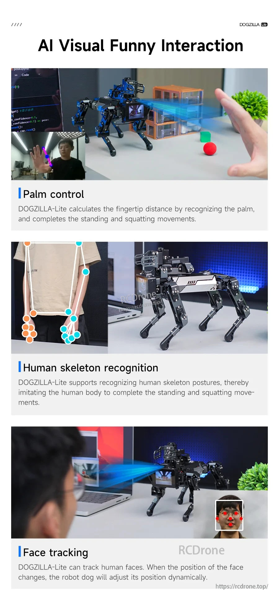 Interactive demos: palm control, human skeleton recognition, and face tracking with DOGZILLA-Lite camera