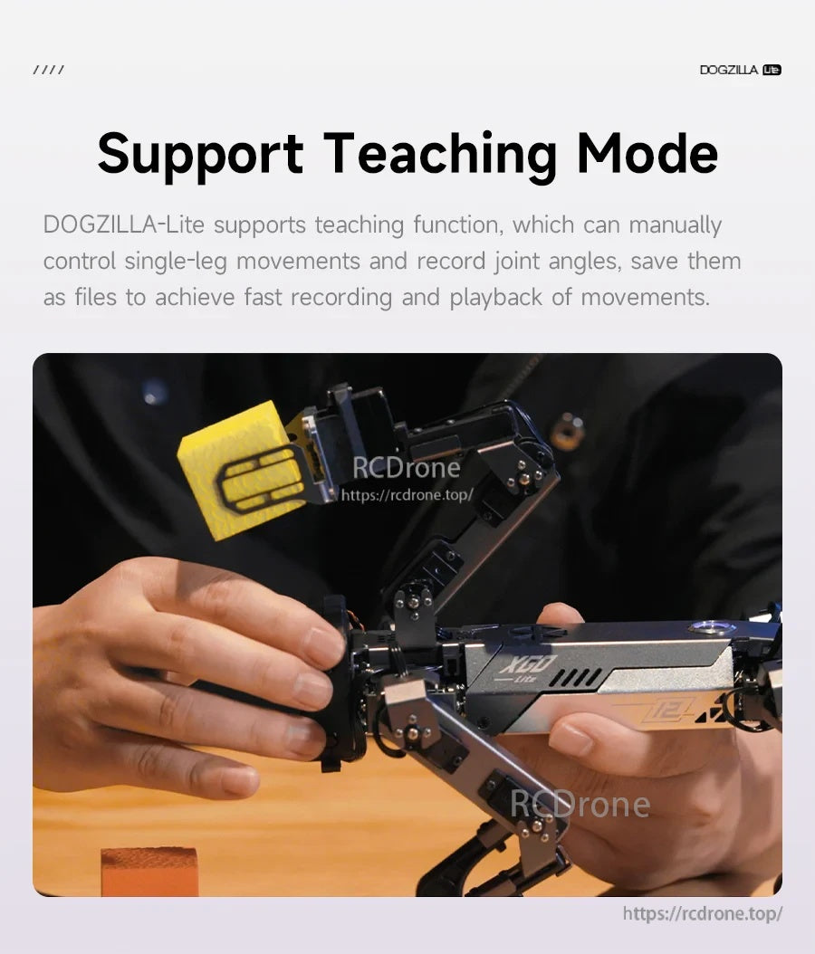 Hands adjusting a Yahboom DOGZILLA-Lite quadruped robot leg in support teaching mode for recording joint angles