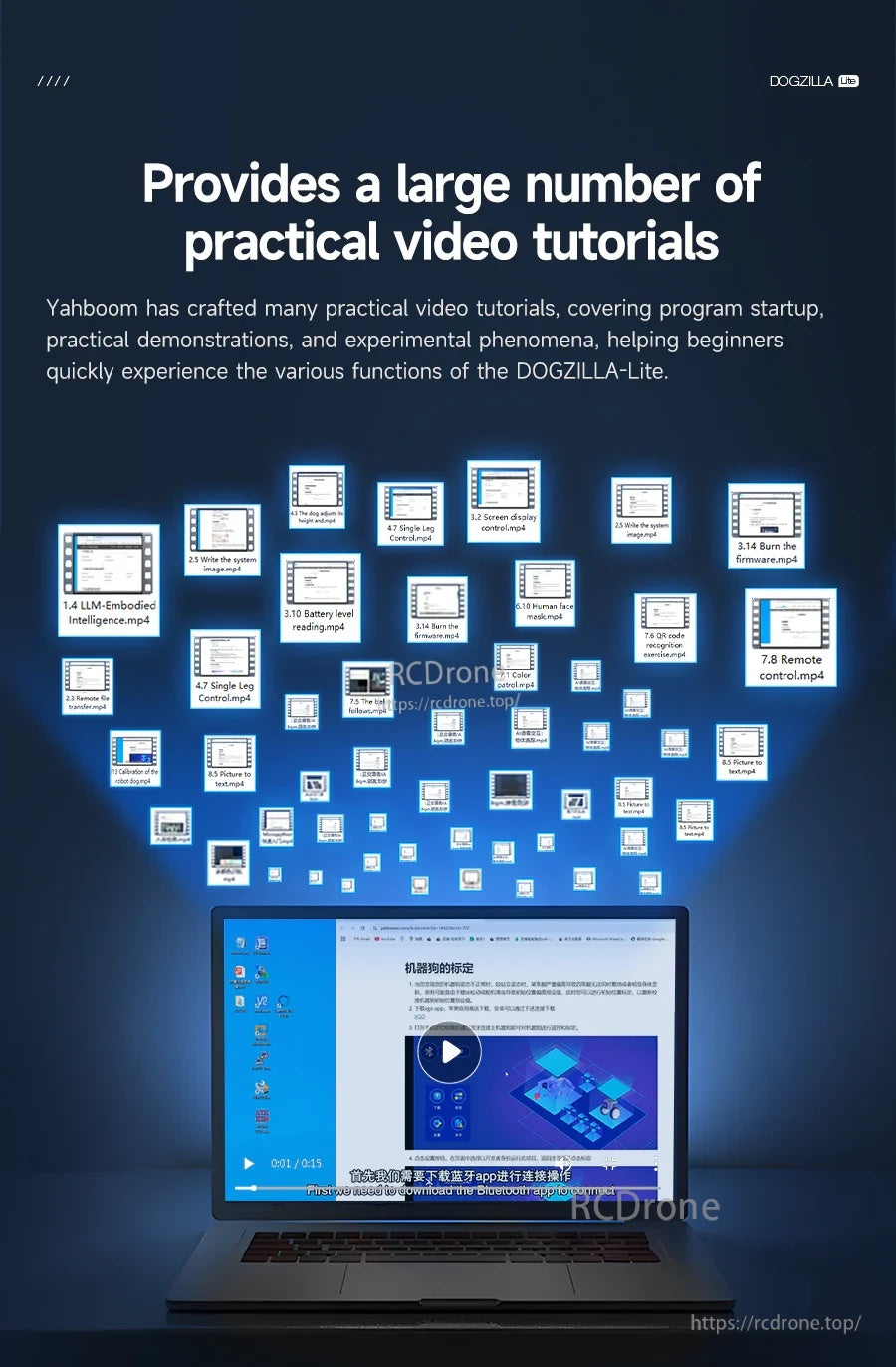Practical video tutorials library for DOGZILLA-Lite, showing course thumbnails and training materials