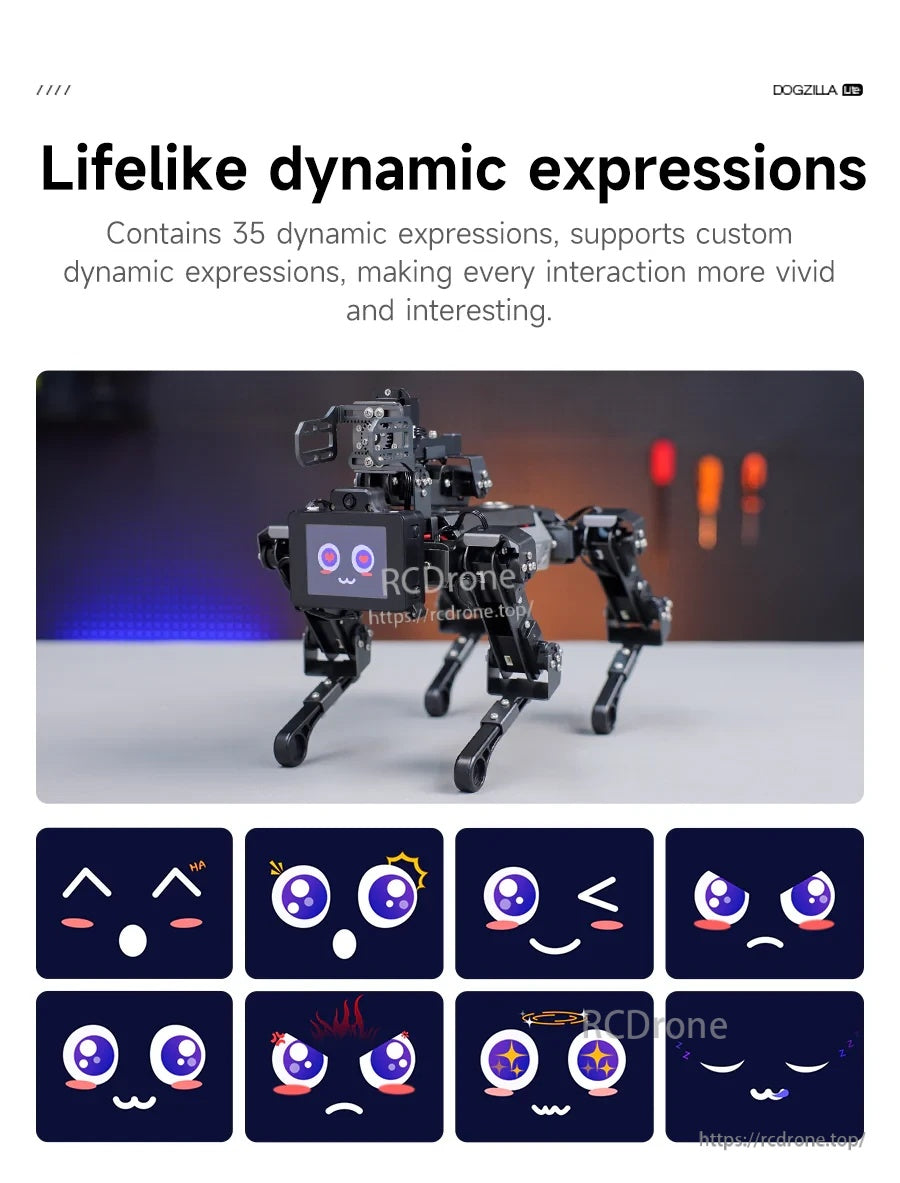 2.0-inch IPS display with 35 lifelike dynamic expressions on the DOGZILLA-Lite robot dog