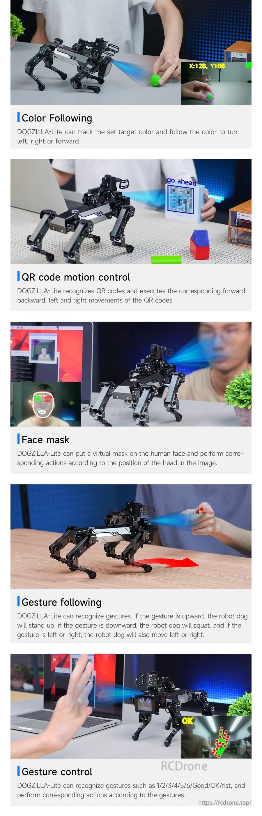 Color following, QR code motion control, face mask, gesture following and gesture control demos