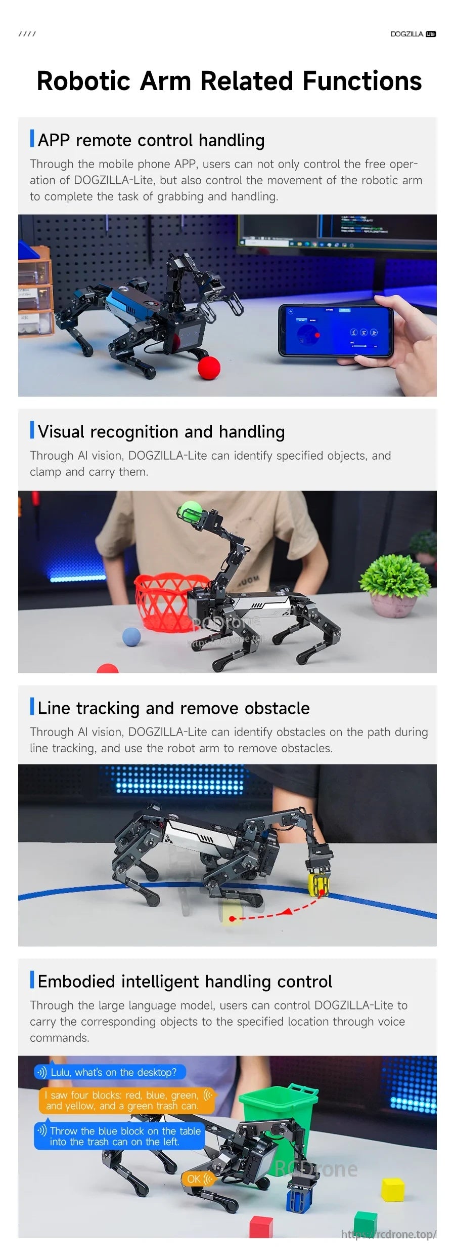 Robotic arm functions: app remote handling, visual recognition grasping, and line tracking obstacle removal
