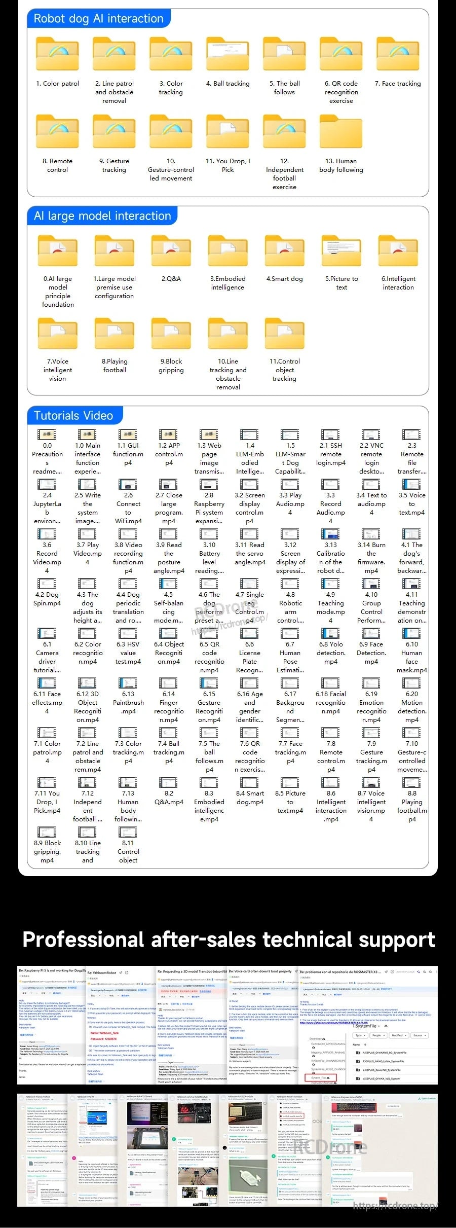 Resource library screenshot for Yahboom DOGZILLA-Lite quadruped robot, with folders, tutorials, and after-sales support files