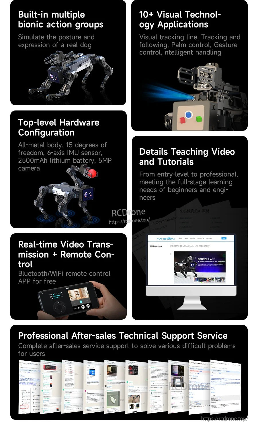 DOGZILLA-Lite feature highlights: bionic action groups, visual tech applications, hardware, tutorials and support