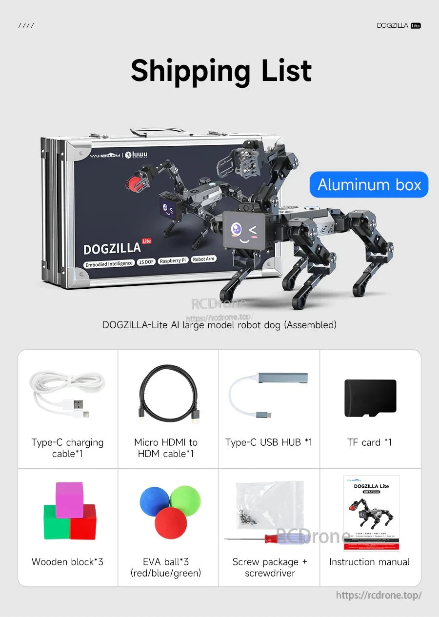 Yahboom DOGZILLA-Lite quadruped robot kit shipping list with aluminum case, cables, USB-C hub, TF card and manual