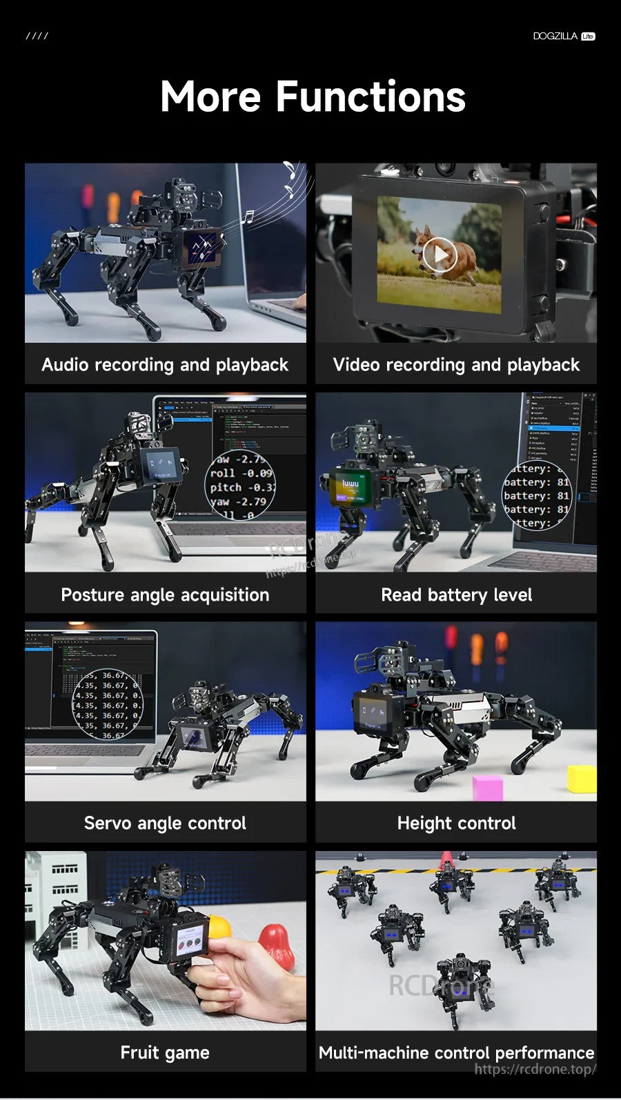 Additional DOGZILLA-Lite functions grid: recording, posture data, battery reading, servo angles and multi-machine control