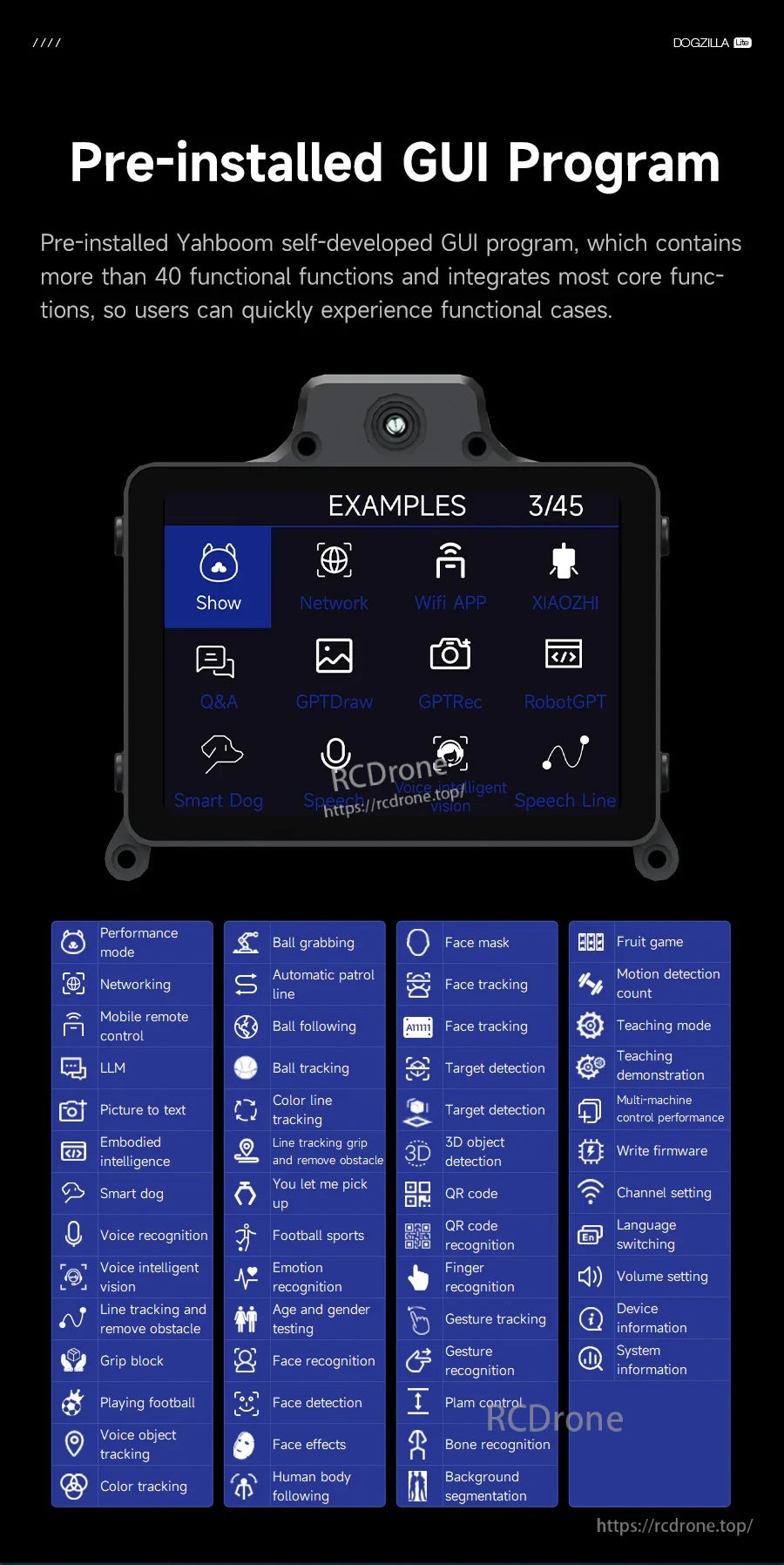 Pre-installed GUI program interface with 40+ functions for DOGZILLA-Lite app and vision features