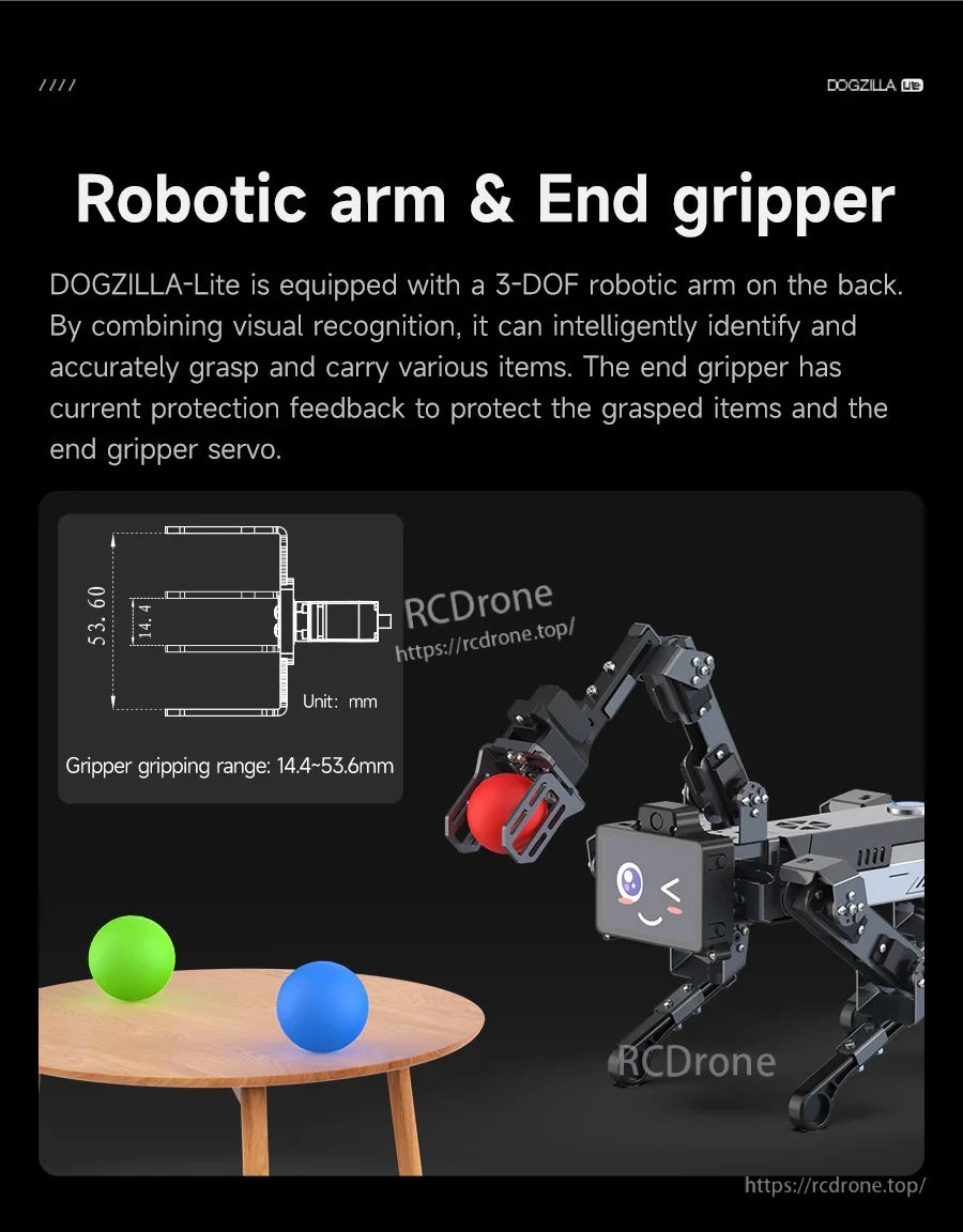 Yahboom DOGZILLA-Lite quadruped robot with 3-DOF robotic arm and end gripper holding a red ball