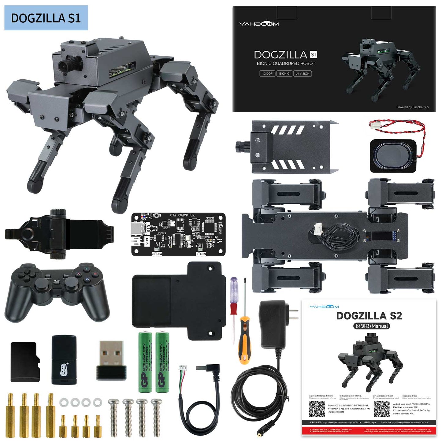 DOGZILLA S1 kit contents shown with robot body, remote controller, boards, hardware and documentation