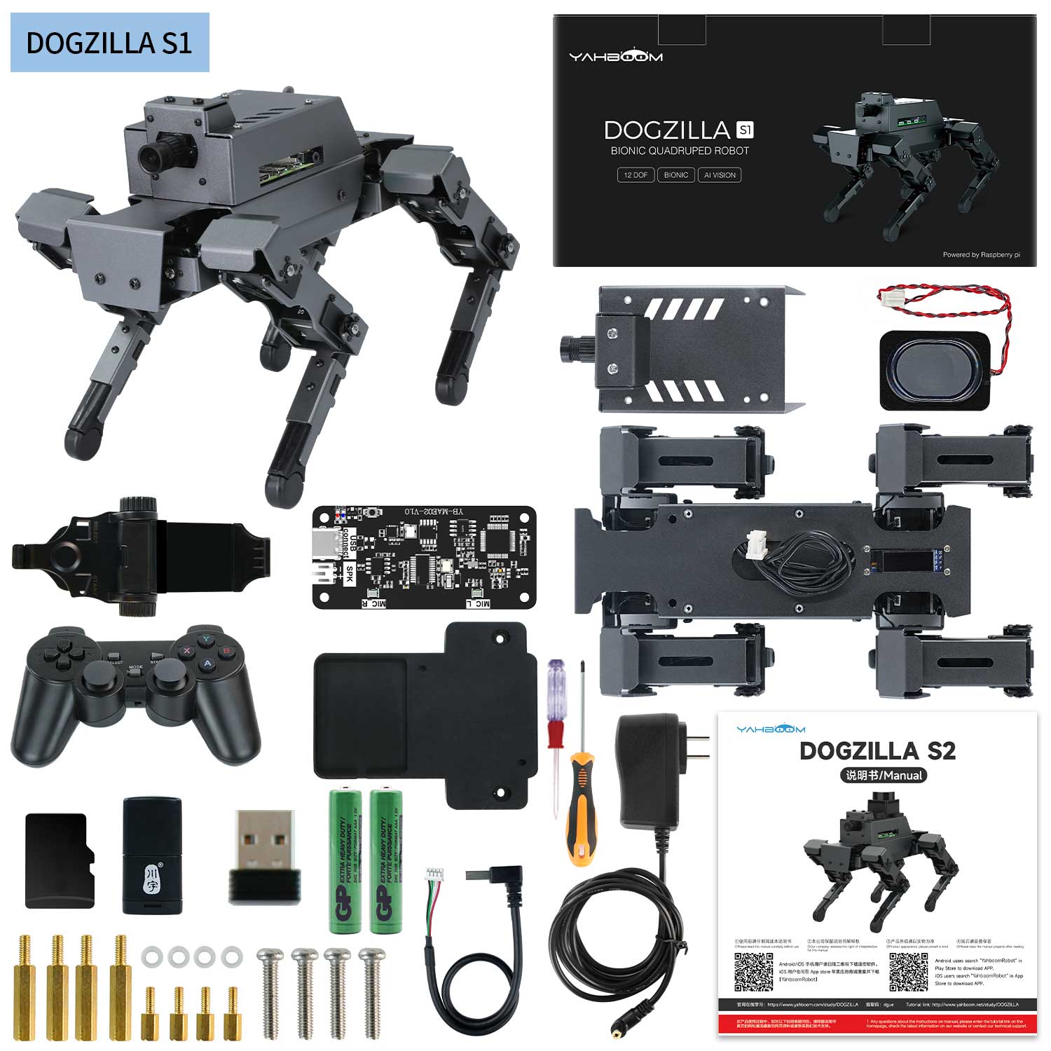 DOGZILLA S1 kit contents shown with robot body, remote controller, boards, hardware and documentation