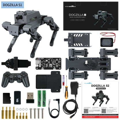 DOGZILLA S1 kit contents shown with robot body, remote controller, boards, hardware and documentation