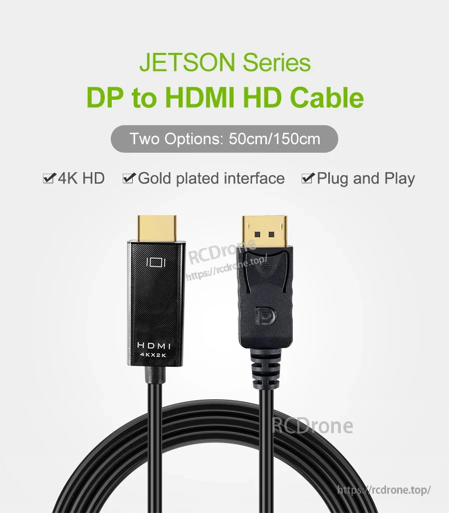 JETSON Series DP to HDMI Cable with gold-plated connectors, plug-and-play, 50cm/150cm length options