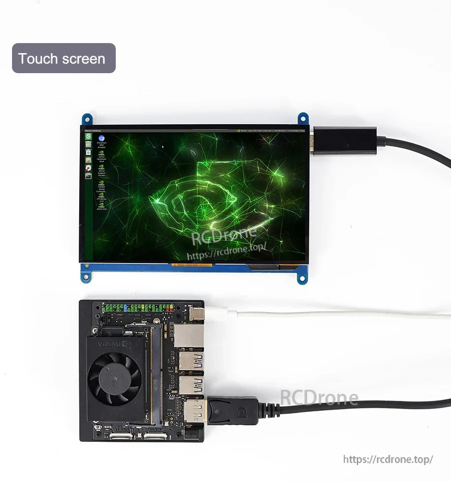 Jetson developer kit connected to a touchscreen display using the DP to HDMI cable