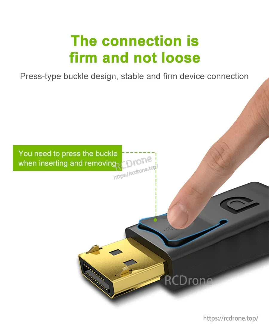 DisplayPort plug with press-type buckle latch for a firm connection and easy release