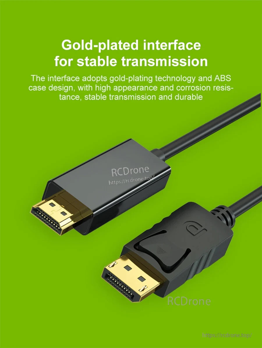 Close-up of gold-plated DP and HDMI connectors for stable transmission and corrosion resistance