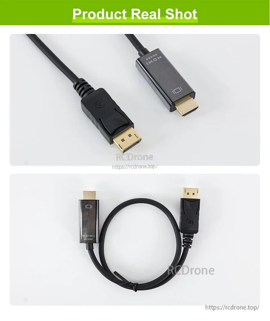Real product photos of DP to HDMI cable connectors and full cable, black finish