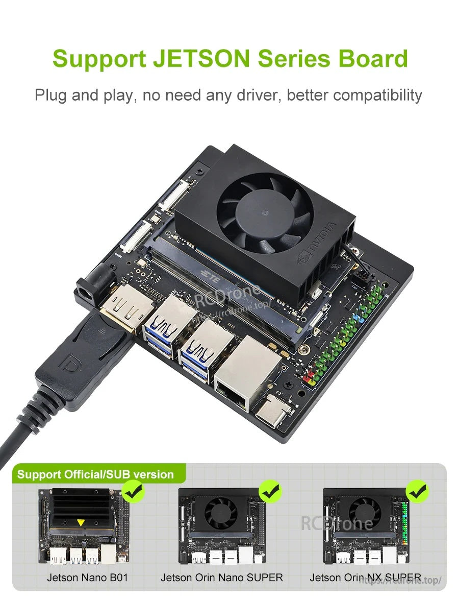 JETSON Series DP to HDMI Cable connected to an NVIDIA Jetson developer kit for driver-free video output