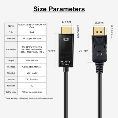 JETSON Series DP to HDMI Cable size parameters chart with connector dimensions and 50cm/150cm length options