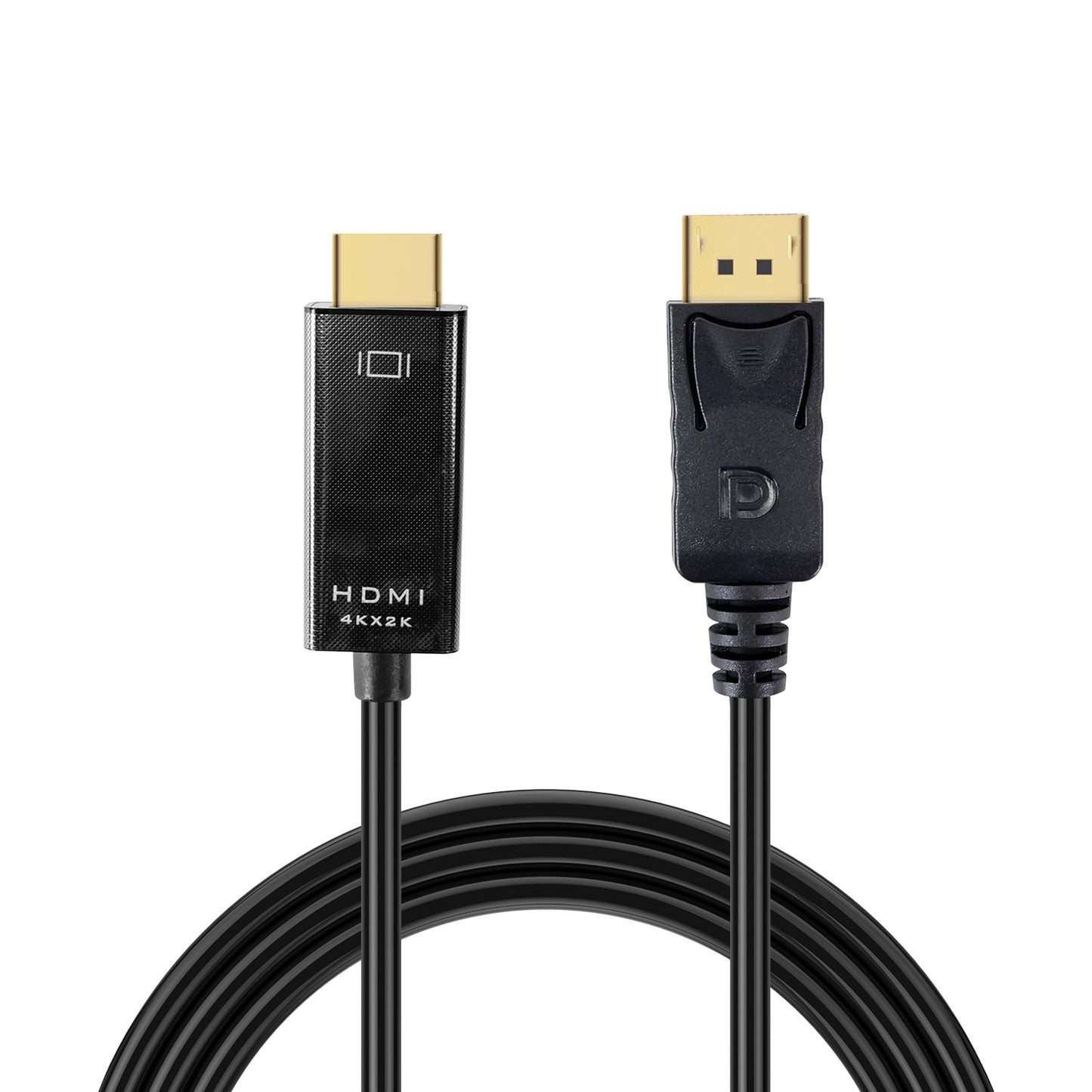 JETSON Series DP to HDMI Cable connector ends, HDMI and DisplayPort plugs on black cable