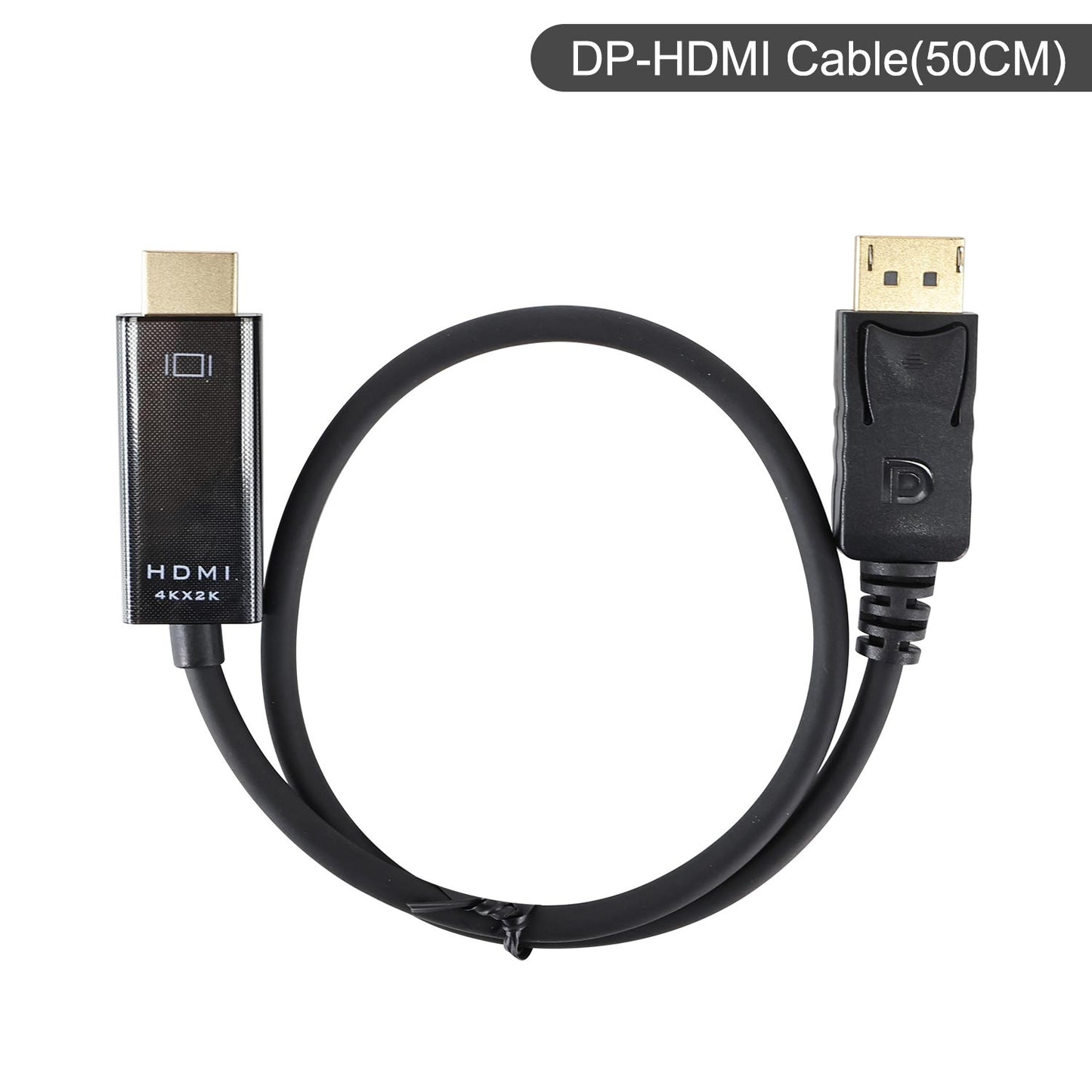 DP to HDMI cable 50cm short length shown coiled on white background with DisplayPort and HDMI connectors