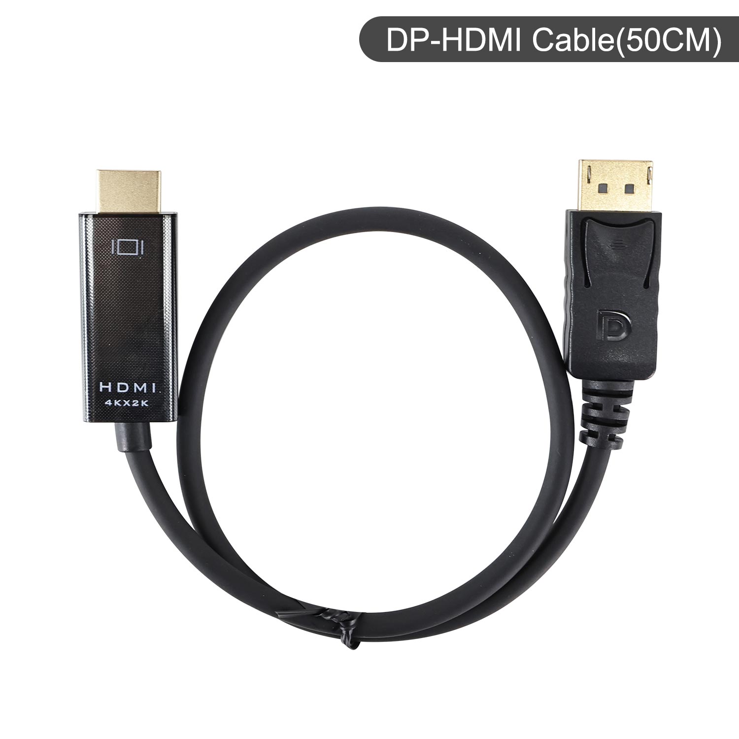 DP to HDMI cable 50cm short length shown coiled on white background with DisplayPort and HDMI connectors