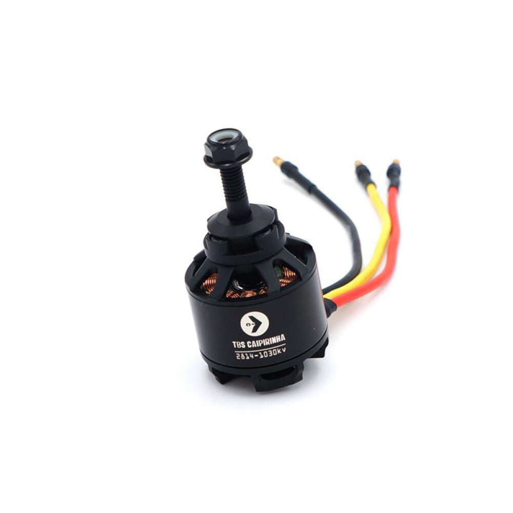 2814 1030kV brushless motor front view with threaded shaft, mounting base, and color-coded leads